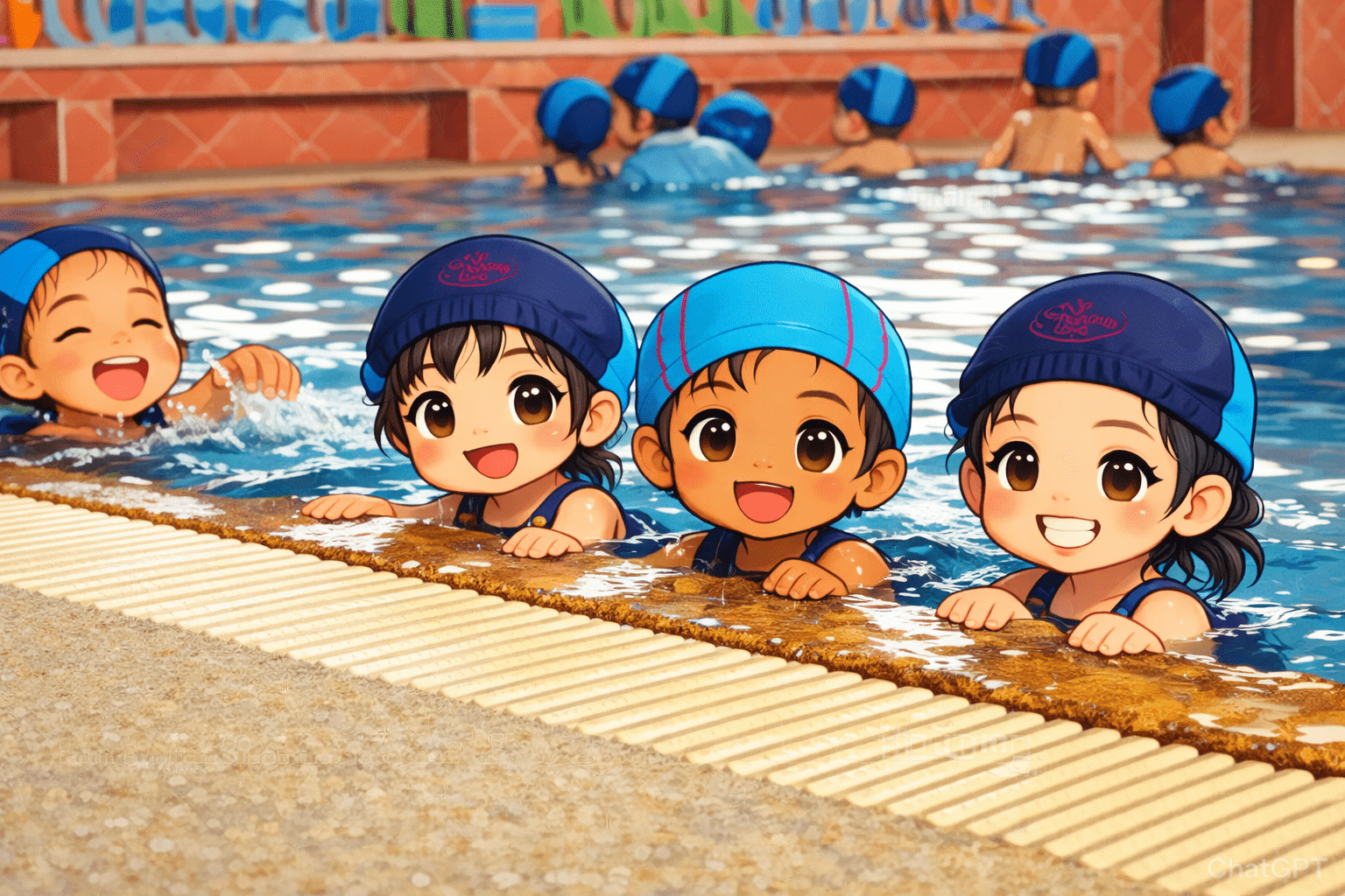 เด็ก ๆ เรียนว่ายน้ำกับครูโน้ตและครูปุ้ม ในสระว่ายน้ำ บรรยากาศสดใส เป็นกันเอง สไตล์ภาพประกอบนิทาน