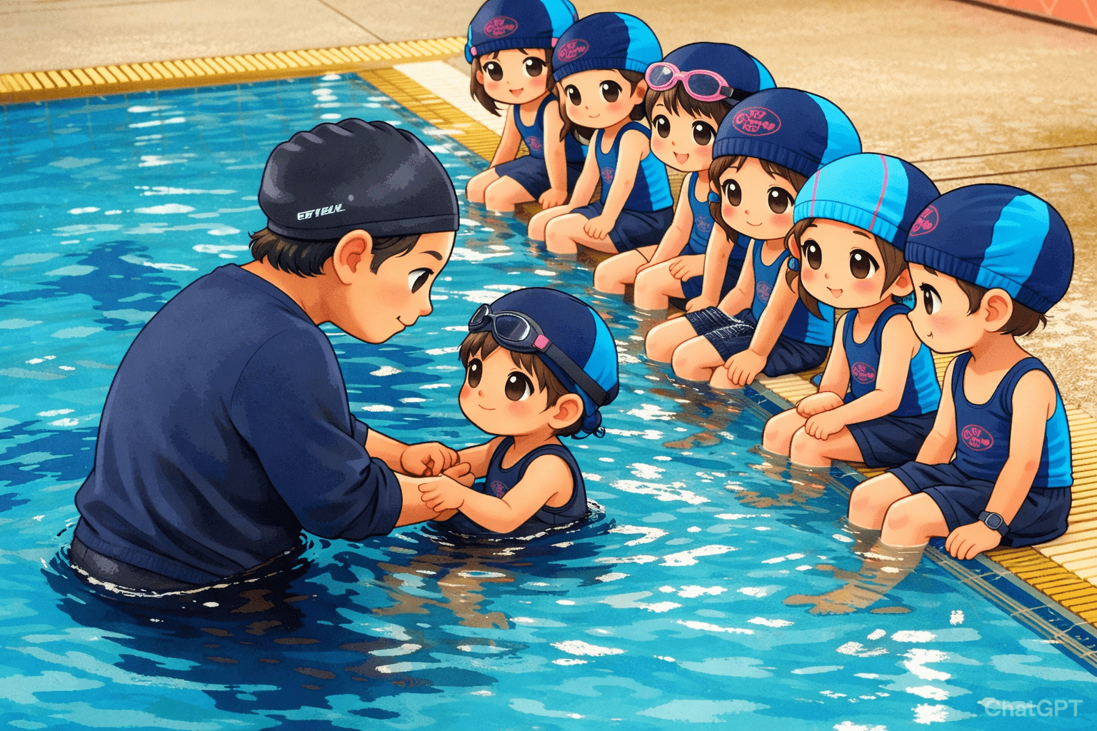 เด็ก ๆ เรียนว่ายน้โดยมีครูฝึกดูแลอย่างใกล้ชิดในสระว่ายน้ำ บรรยากาศอบอุ่น ปลอดภัย สไตล์ภาพประกอบชิบิ