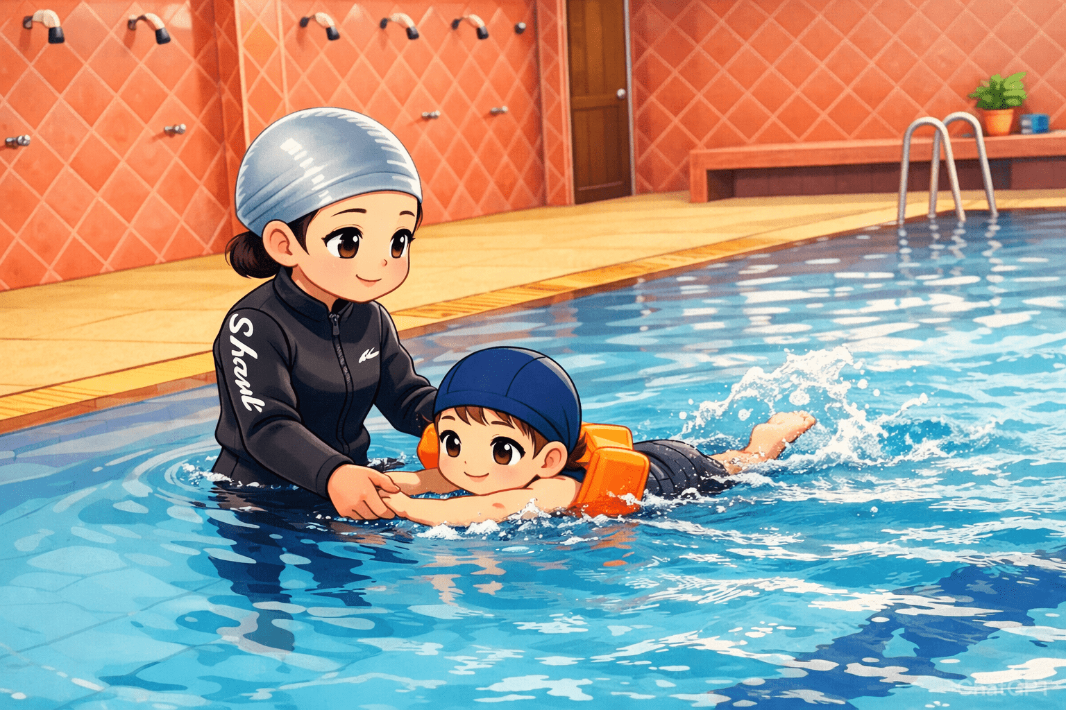 ครูสอนว่ายน้ำกำลังฝึกเด็กว่ายน้ำในสระว่ายน้ำ ภาพการ์ตูนชิบิสไตล์นิทาน บรรยากาศอบอุ่นและเป็นมิตรสำหรับเด็ก