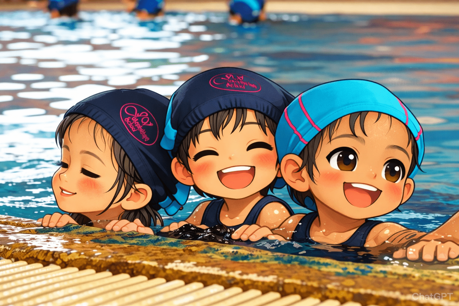 เด็ก ๆ เรียนว่ายน้ำ ยิ้มแย้มสดใส จับขอบสระอย่างสนุกสนาน บรรยากาศเป็นกันเอง สไตล์ภาพประกอบชิบิ