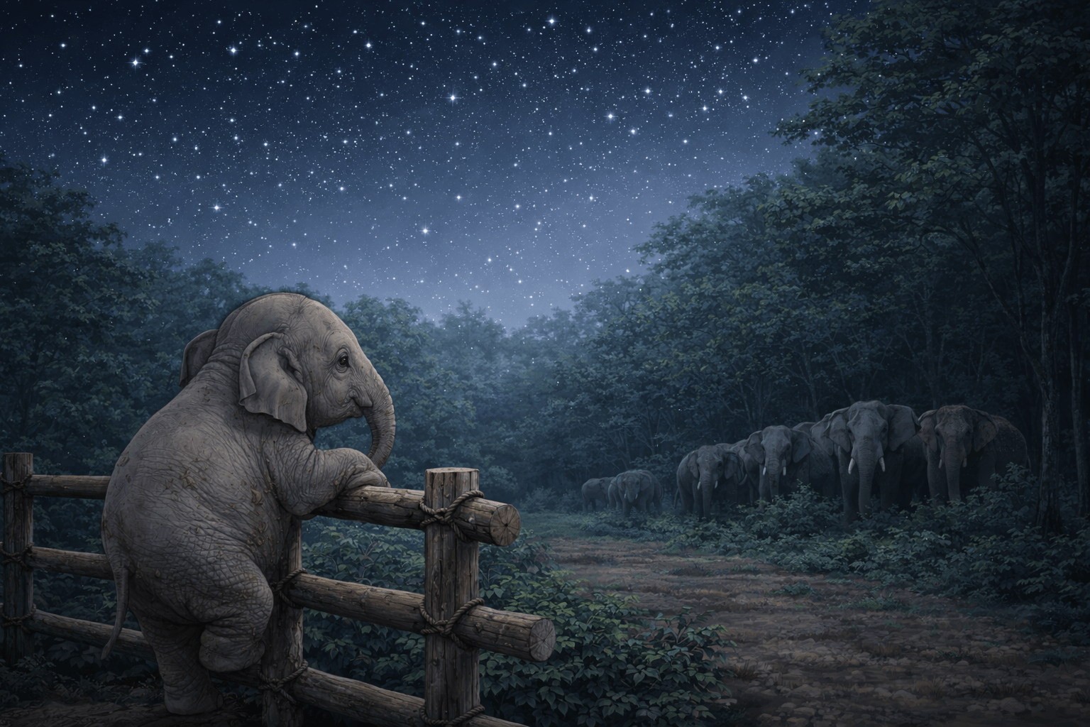 Meena, a baby elephant, watching her herd from a distance under a starry night sky in the forest, Elephant Characters of Thailand 2