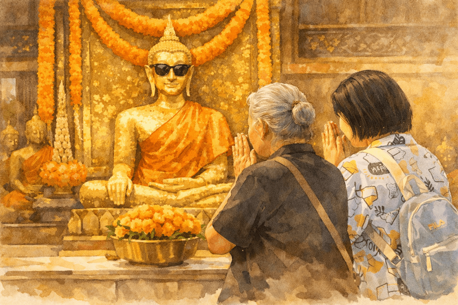 A calm watercolor illustration of a mother and daughter praying together at a Thai temple, filled with warm golden tones and quiet memories. วันนี้ฉันไปวัด 1