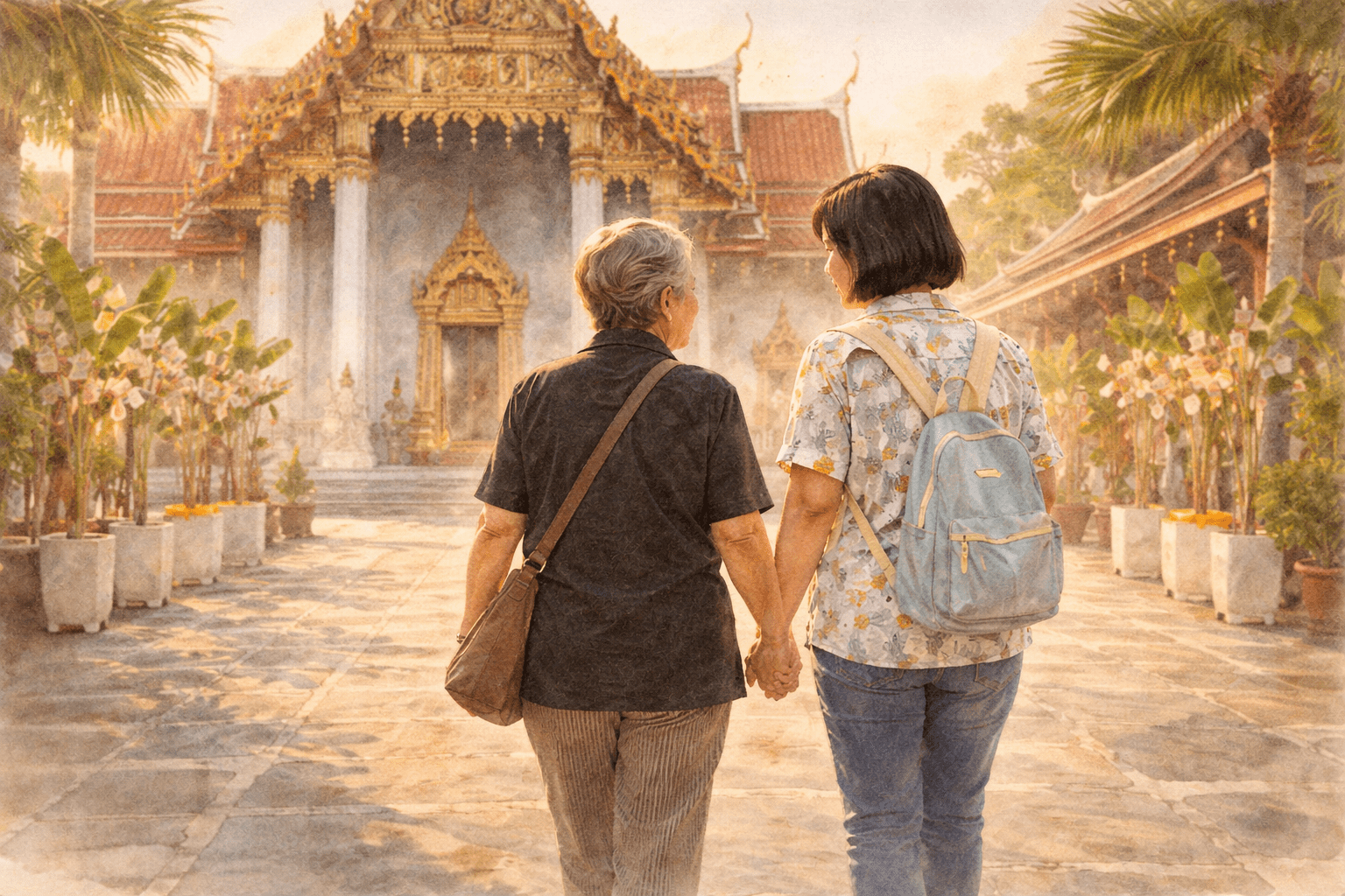 A Thai mother and daughter holding hands as they walk out of a temple at sunset, symbolizing love, faith, and shared memories.