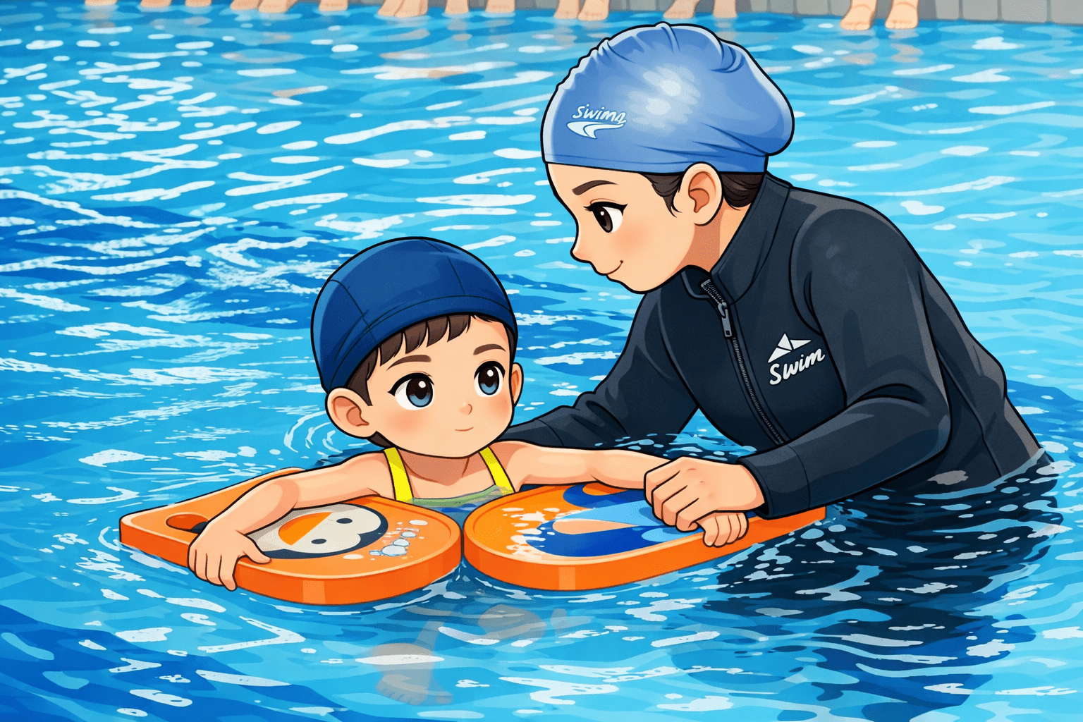 ครูพละกำลังสอนว่ายน้ำเด็กเล็กในสระ โดยประคองด้วยโฟมลอยน้ำอย่างใกล้ชิด ครูพละพาลงสระ 1