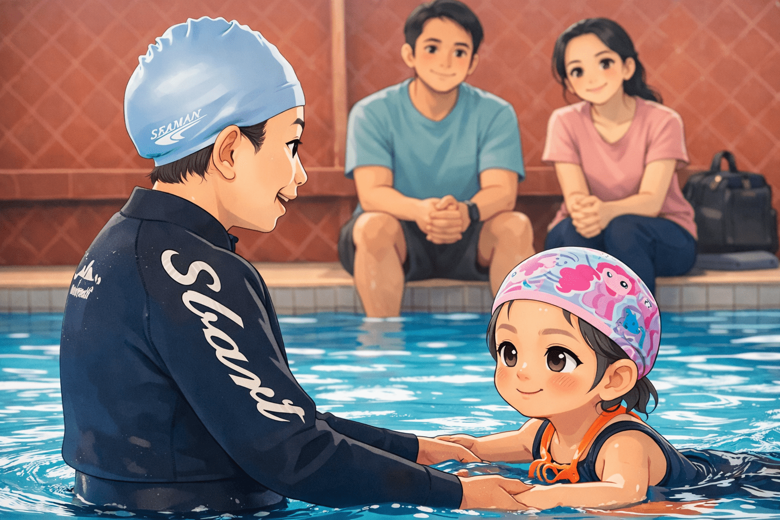 A chibi-style illustration of a young child learning to swim with a PE teacher in a swimming pool, while parents sit by the poolside watching and encouraging.