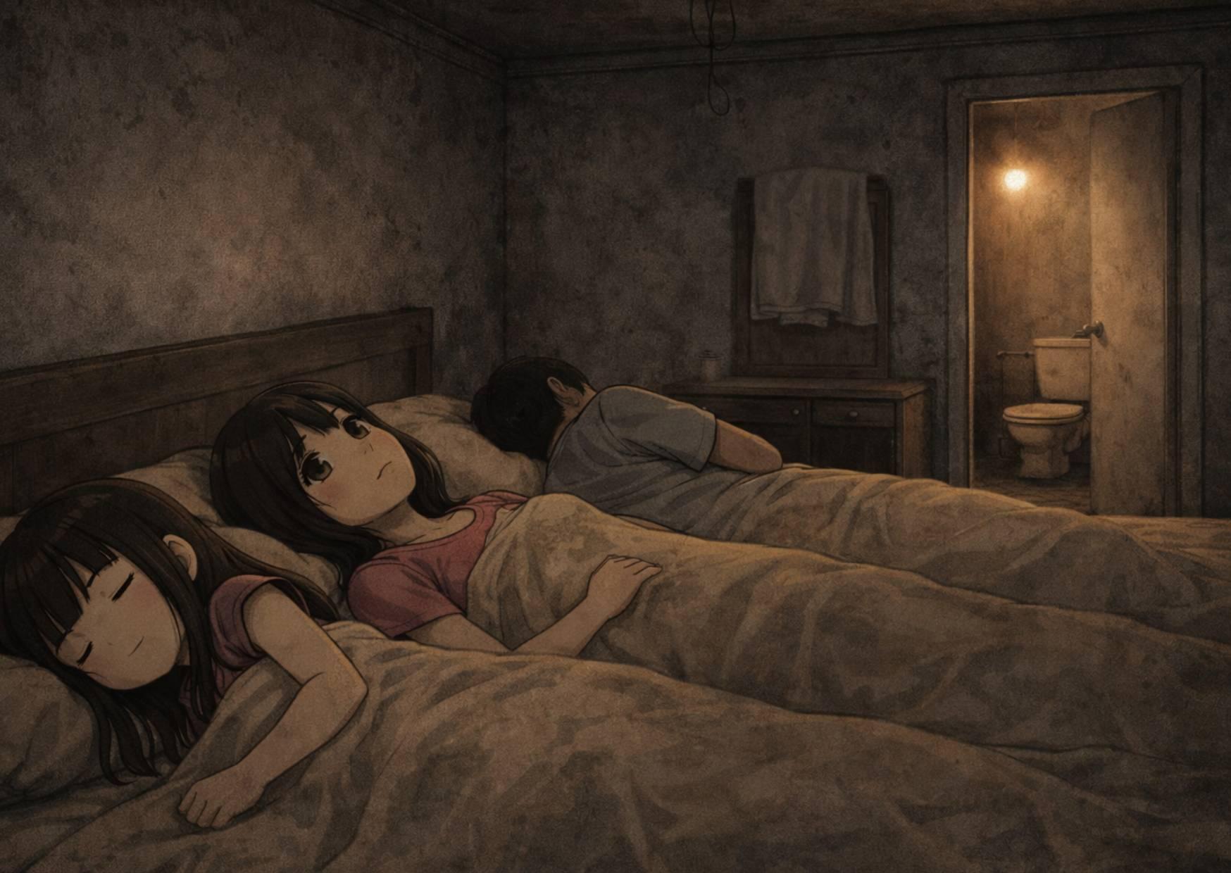 "“ครอบครัวนอนบนเตียงไม้ในห้องพักรีสอร์ทเก่า