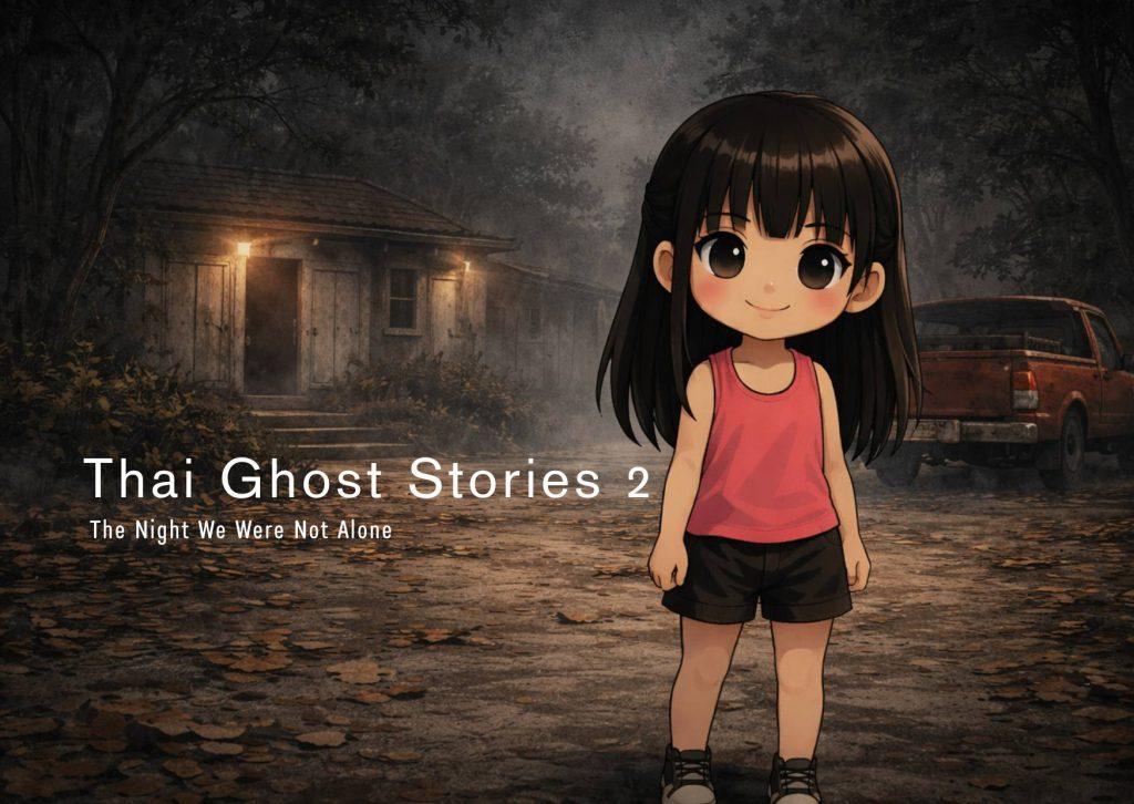 Illustration of a young girl standing near an old resort at night, with a quiet and unsettling atmosphere