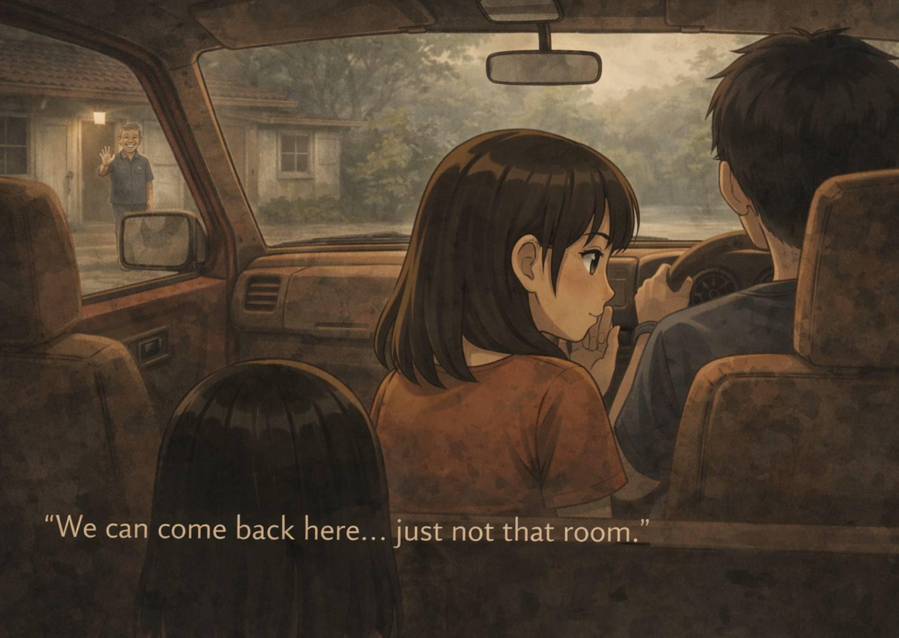 A family sitting in a pickup truck as they leave an old guesthouse, while the owner smiles and waves goodbye, Thai Ghost Stories 2