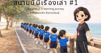 ครูพละพาเด็กอนุบาลเดินเรียนรู้นอกห้องเรียนริมทะเล ทุกก้าวคือการเรียนรู้และพัฒนาการของเด็ก, Kindergarten students walking outdoors with their teacher by the seaside, learning through every step