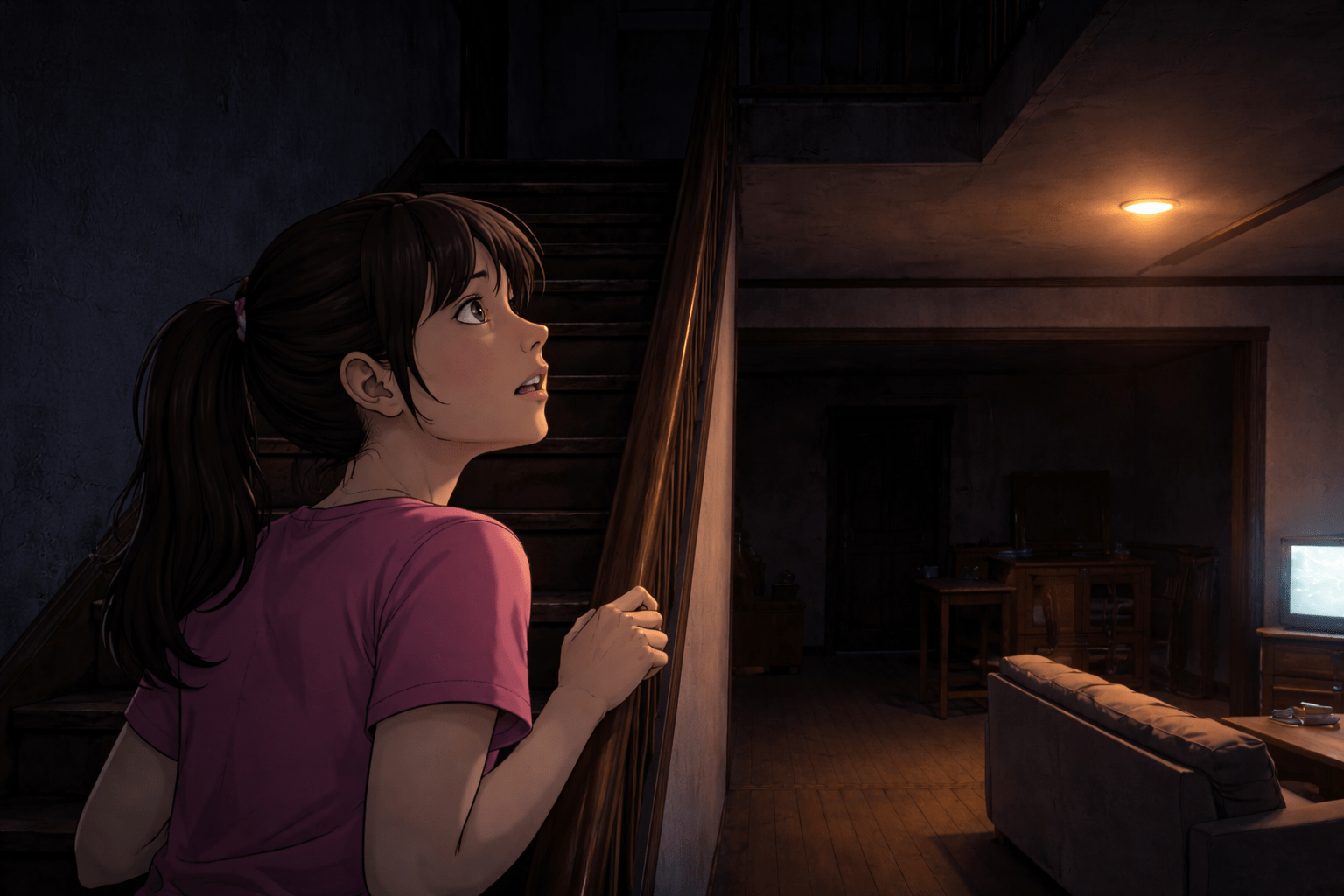หญิงสาวยืนบนบันไดในบ้านยามค่ำ มองขึ้นไปยังชั้นสองที่มืดสลัว ด้านล่างมีแสงไฟจากทีวีและโซฟา บรรยากาศหลอนเชิงจิตวิทยา