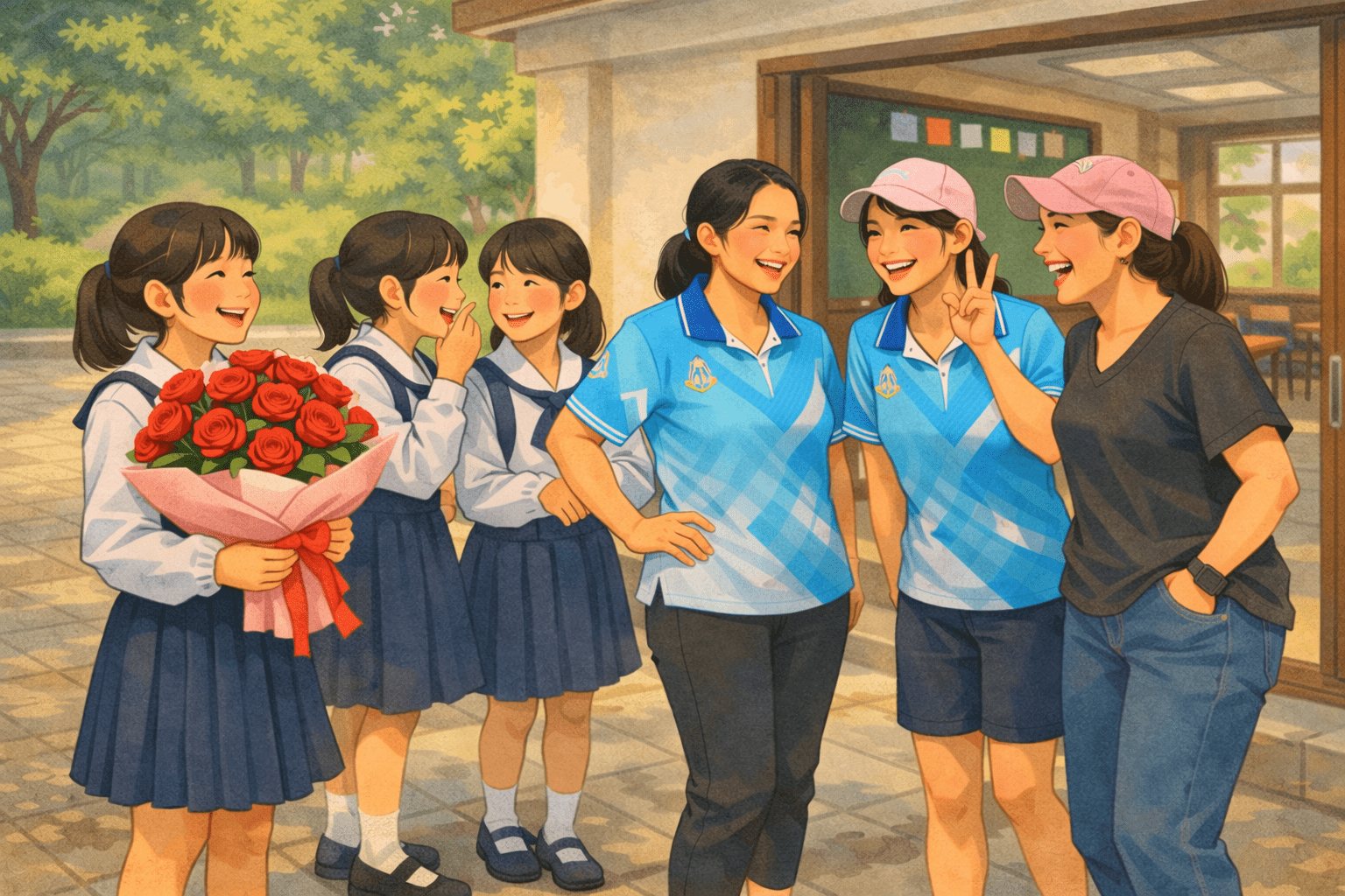 กลุ่มนักเรียนหญิง ยืนคุยและยิ้มอย่างมีความสุขบนทางเดินหน้าอาคารเรียน โดยมีครู 3 คนยืนพูดคุยอย่างเป็นกันเอง 3 female students standing together and smiling on a school walkway, chatting happily with three teachers in front of a classroom, creating a warm and friendly school atmosphere.บรรยากาศอบอุ่นและเป็นมิตรในโรงเรียน