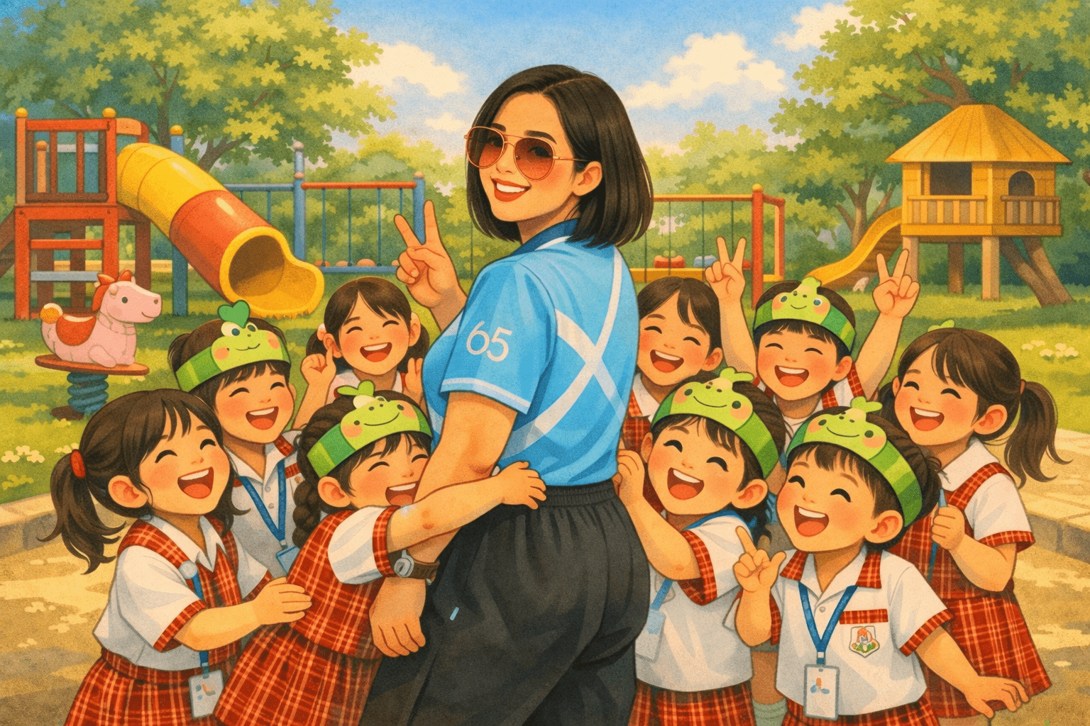 A female teacher standing in a playground, smiling warmly while surrounded by kindergarten students hugging her happily, creating a joyful and loving school atmosphere. วาเลนไทน์ในทุกปี