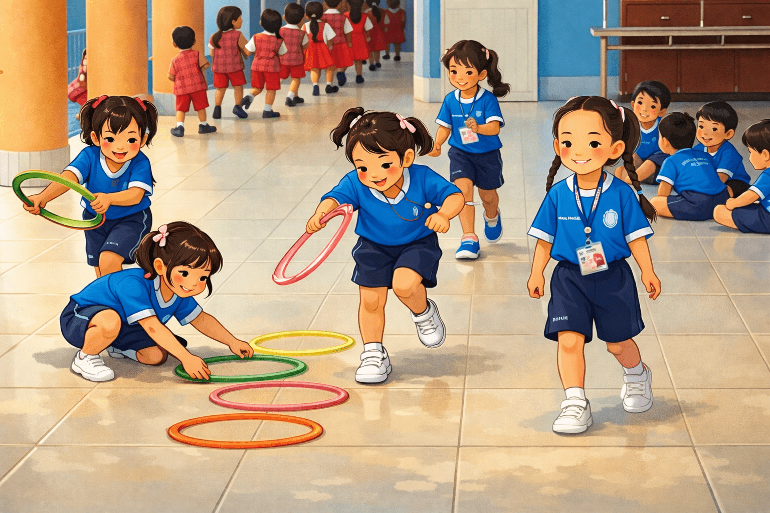 Kindergarten children cleaning up while wearing white sneakers and socks, digital illustration in a school garden setting, Kindness Changes an Ordinary Day