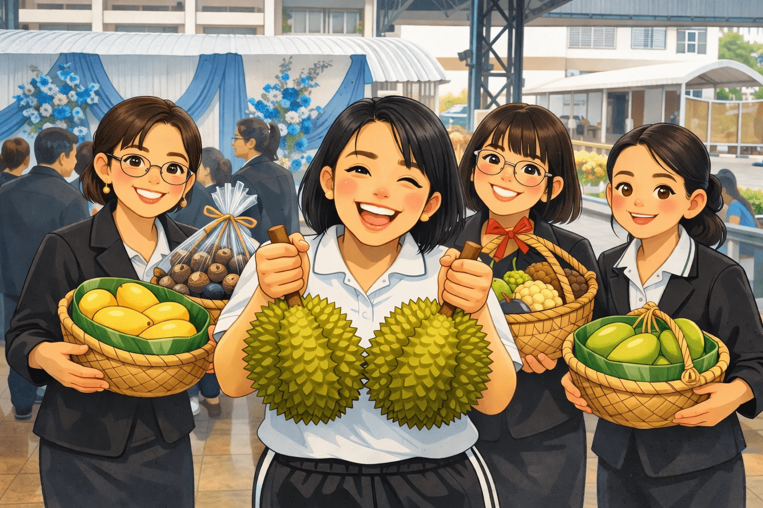 ภาพการ์ตูนอบอุ่น ครูยิ้มถือทุเรียนที่ก้าน พร้อมเพื่อนถือชะลอมมะม่วง มังคุด และผลไม้ในบรรยากาศโรงเรียน