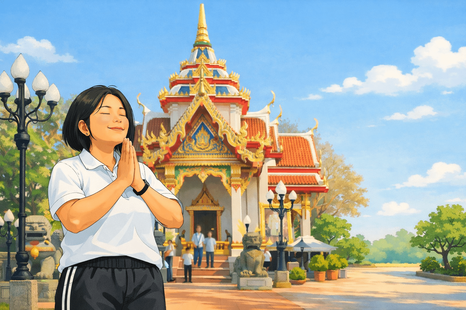 ครูสวมเสื้อโปโลสีขาว กางเกงวอร์มสีดำ ถือทุเรียนที่ก้านทุเรียน ในภาพวาดสไตล์การ์ตูนอบอุ่น