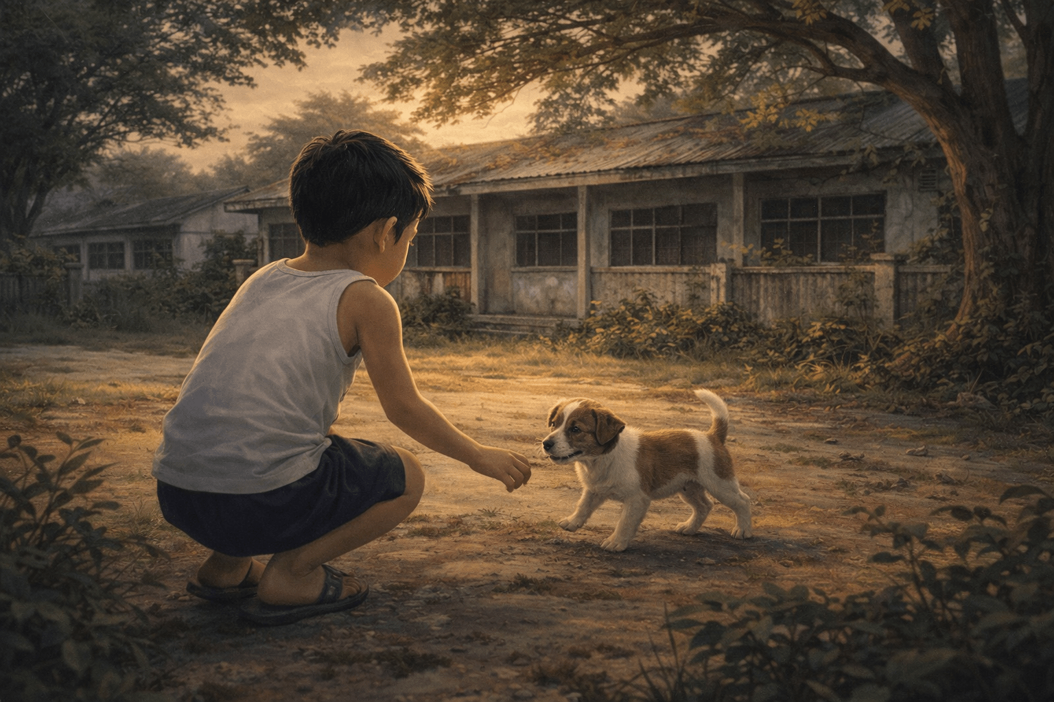 ภาพวาดเด็กผู้ชายหันหลังเล่นกับลูกหมาสีน้ำตาลขาวหน้าตึกชั้นเดียวเก่า ใต้ต้นไม้ใหญ่ในแสงเย็นย่ำ, ครูเล่าผี มีอยู่ว่า 4