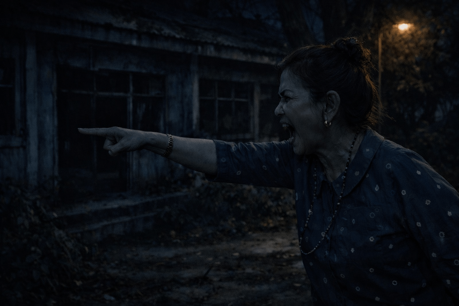 หญิงวัยกลางคนยืนชี้เข้าไปในตึกใต้ต้นไม้ใหญ่ บรรยากาศกลางคืนมืดน่ากลัว คล้ายกำลังดุหรือไล่อะไรบางอย่าง