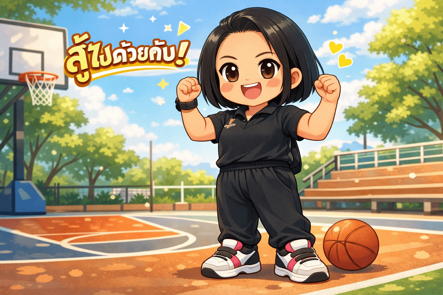 Chibi illustration of a woman cheering herself on a basketball court — Still Overweight But Trying series