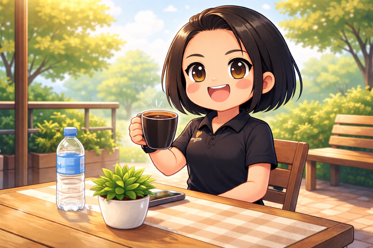 Chibi illustration of me holding black coffee at breakfast table with a water bottle and small plant — Still Overweight But Trying, อ้วนแต่พยายาม 2