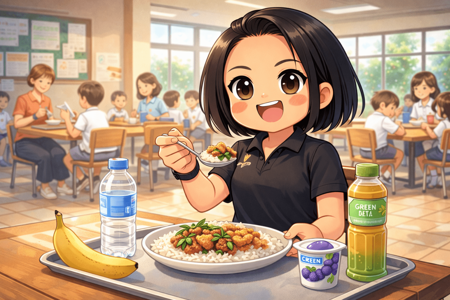 Chibi illustration of me eating fried chicken basil rice at lunch in a school cafeteria with banana, blueberry yogurt, and green tea — Still Overweight But Trying