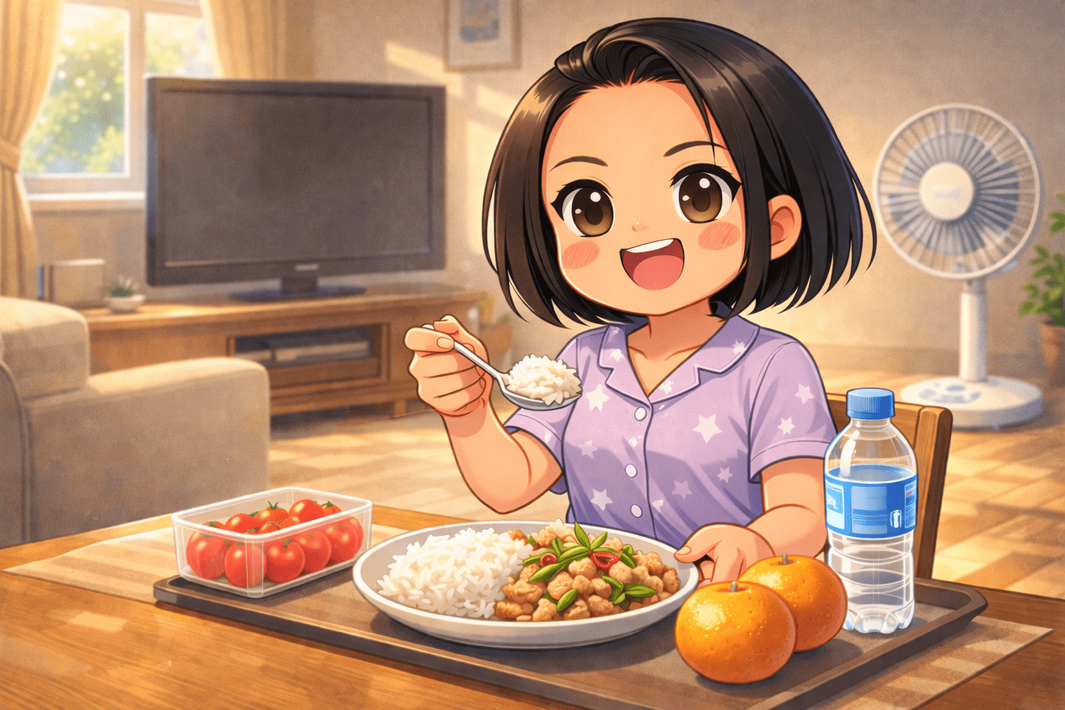 Chibi illustration of me in pajamas eating dinner at home with rice, stir-fried pork, tomatoes, oranges, and water — Still Overweight But Trying, อ้วนแต่พยายาม 2