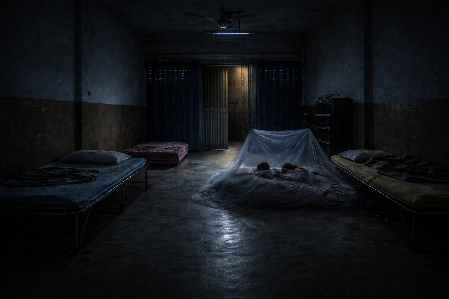 ห้องนอนมืดขนาดใหญ่มีเตียงเหล็กสองฝั่ง คนสองคนนอนใต้ผ้ามุ้งตรงกลางห้อง แสงสลัวส่องจากประตูด้านหลัง บรรยากาศหลอนและเงียบสงัด -Thai Ghost Stories 5