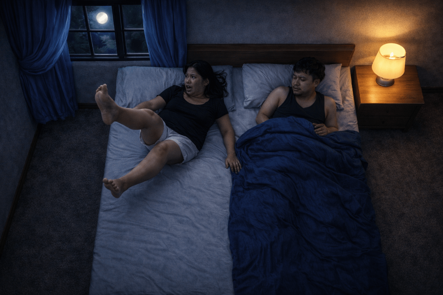 A woman suddenly pulled by something unseen while lying in bed at night, her partner confused under moonlight in a quiet bedroom horror atmosphere - Thai Ghost Stories 5