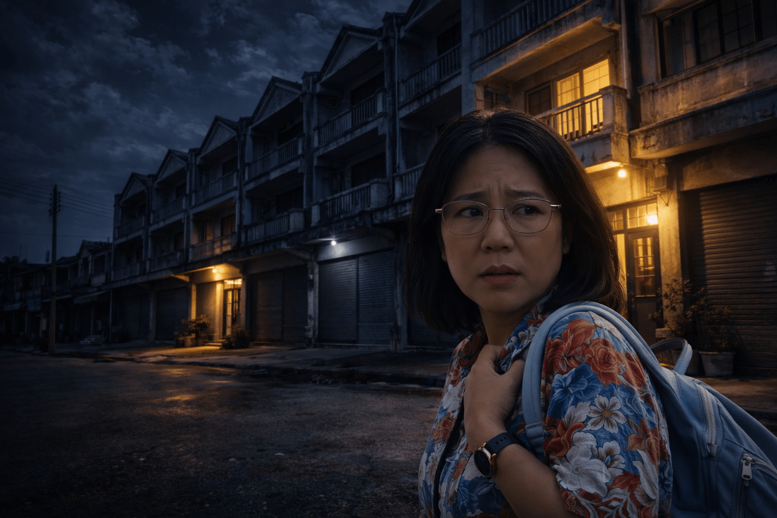 An anxious woman standing in front of old townhouses at night under moonlight, mysterious Thai ghost story atmosphere - Thai Ghost Stories 5