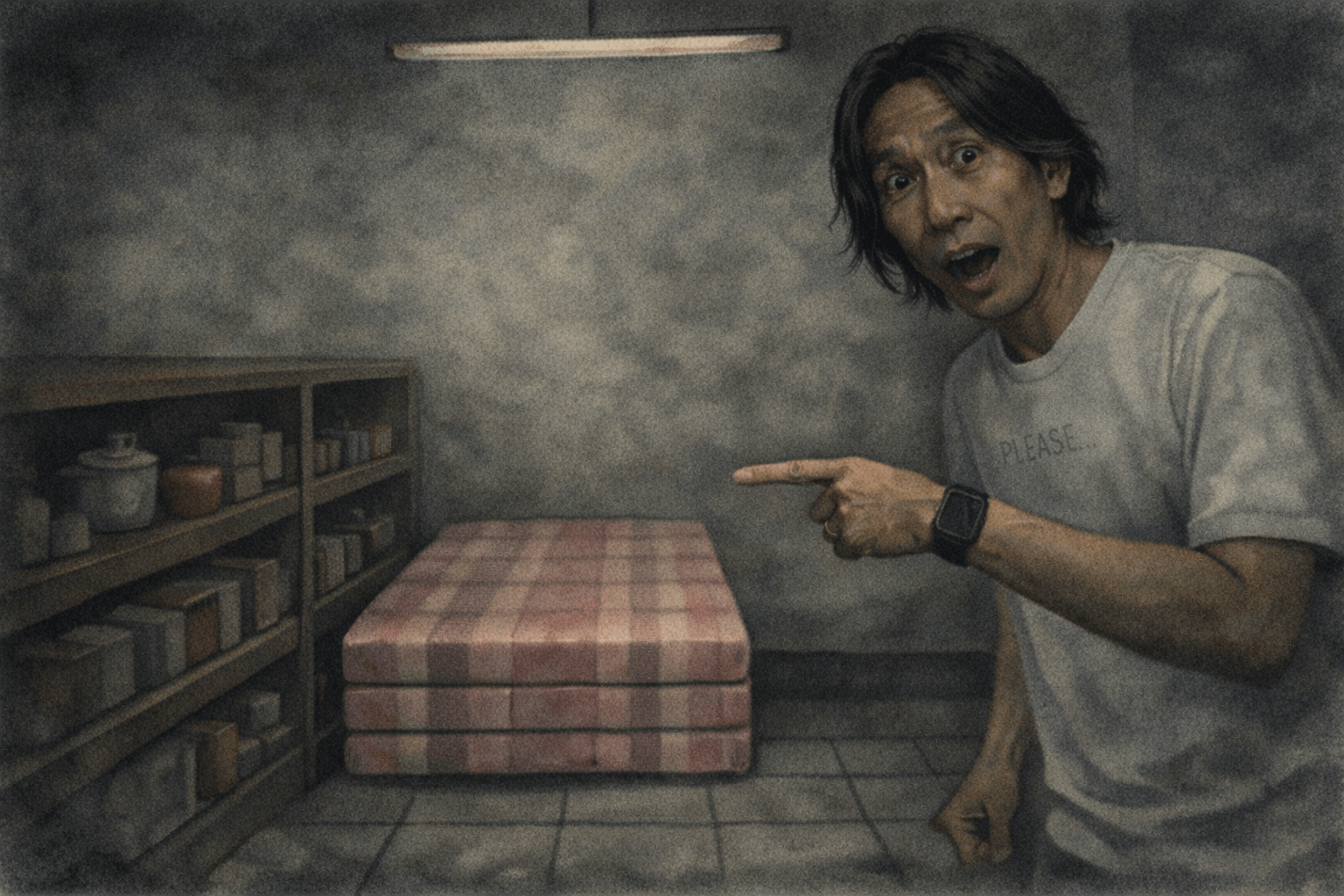 ชายเอเชียวัยกลางคนทำหน้าตกใจ ตาเบิกกว้าง ปากอ้า ชี้นิ้วไปที่กองที่นอนลายตารางสีชมพูในห้องเก็บของแสงสลัว บรรยากาศหม่น ๆ หลอน ๆ มีชั้นวางของด้านซ้ายและไฟนีออนด้านบน