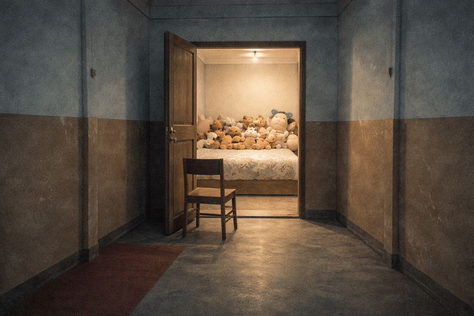 ทางเดินแคบผนังสีหม่นนำไปสู่ห้องที่เปิดไฟสลัว ภายในมีเตียงที่วางตุ๊กตาหลายตัวเรียงแน่นเต็มเตียง และมีเก้าอี้ไม้ตัวเดียวตั้งอยู่หน้าประตู บรรยากาศเงียบ วังเวง และชวนรู้สึกไม่สบายใจ