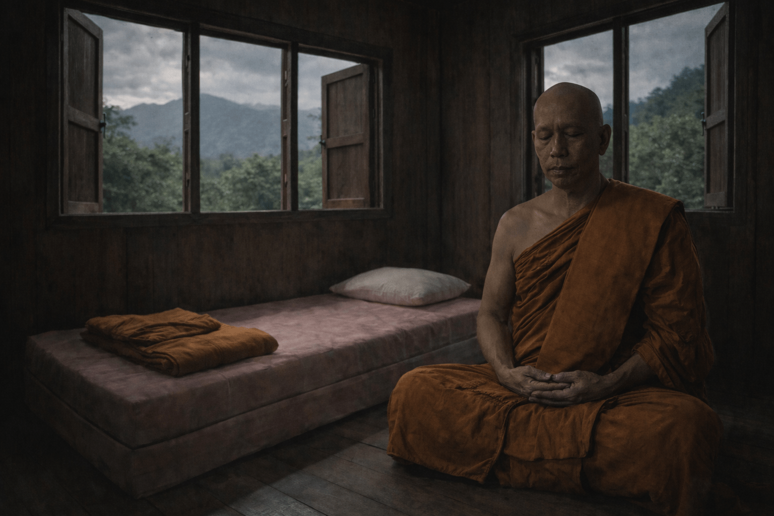 พระภิกษุศีรษะโกน นั่งสมาธิขัดสมาธิอยู่ในกุฏิไม้แสงสลัว ข้างหลังมีที่นอนกว้างประมาณ 3 ฟุตสีชมพู พร้อมหมอนและผ้าห่มของพระพับวางเรียบร้อย หน้าต่างไม้ 3 บานเปิดออก มองเห็นต้นไม้และภูเขาด้านนอก บรรยากาศเงียบ สงบ และเรียบง่าย - ครูเล่าผี มีอยู่ว่า 5