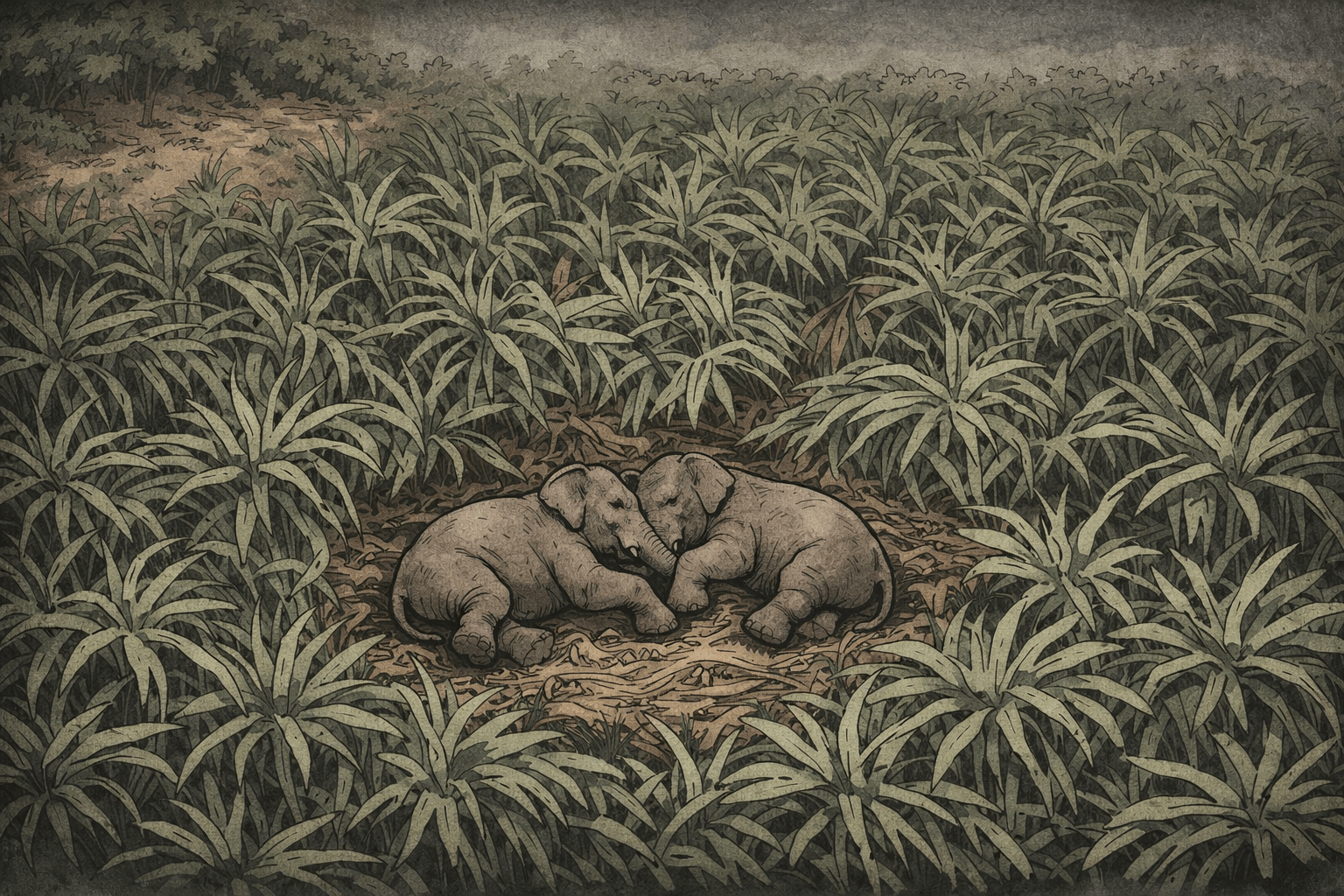 Illustrated aerial view of two young elephants lying together in a vast sugarcane field, drawn in muted tones to convey sadness and quiet loss. ลมหายใจสุดท้ายของหูพับ