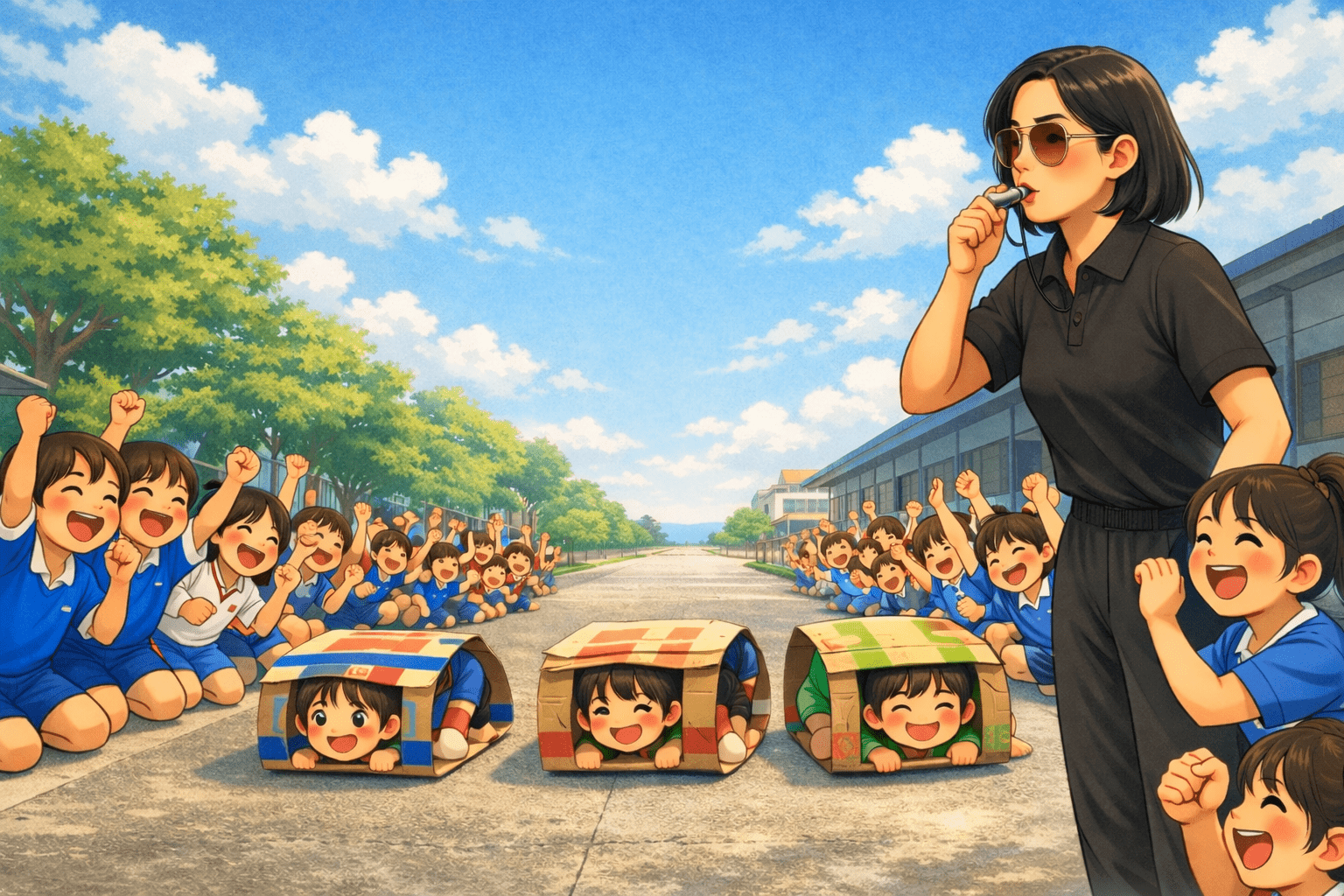 ครูพละเป่านกหวีดคุมเกม เด็กอนุบาลเล่นแข่งคลานในกล่องกระดาษ มีเพื่อน ๆ เชียร์สองข้างสนาม ภาพประกอบสไตล์ดิจิทัลสีสดใส, สนามนี้มีเรื่องเล่า 2