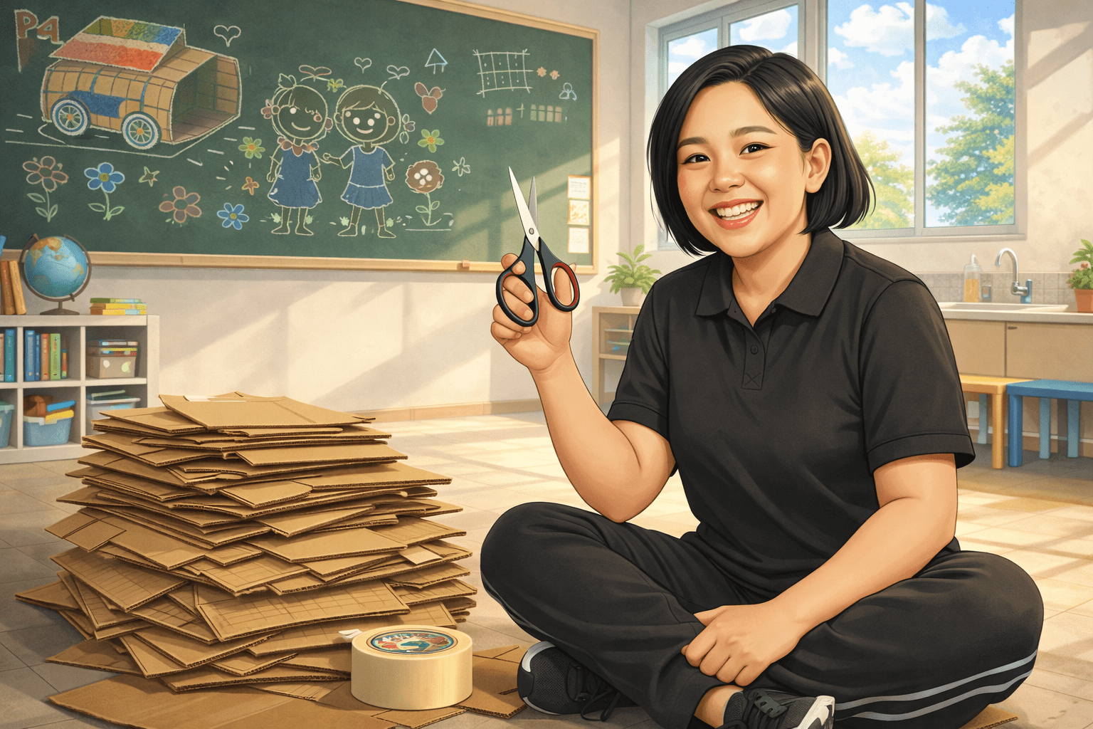 ครูพละนั่งขัดสมาธิถือกรรไกร เตรียมลังกระดาษและเทปกาวสำหรับทำกิจกรรมเด็กอนุบาล ในห้องเรียนสไตล์ภาพประกอบดิจิทัล, Stories from the Field 2