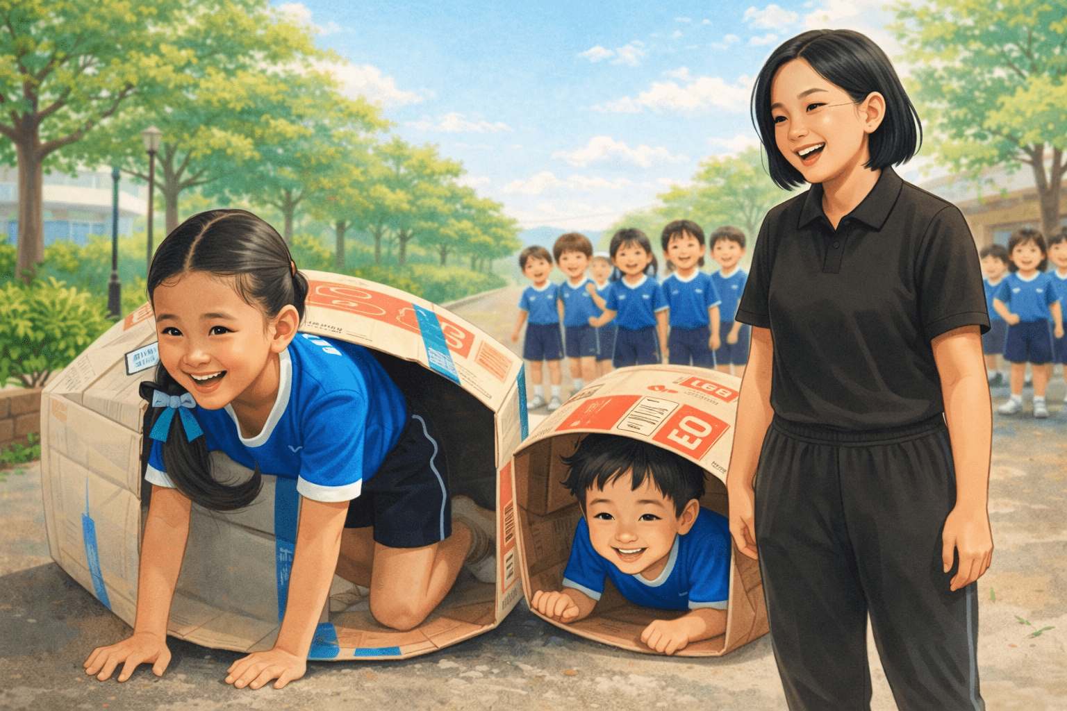 ครูสวมเสื้อโปโลสีดำยืนดูเด็กอนุบาลเล่นเกมรถถังจากกล่องกระดาษ เพื่อนนักเรียนในชุดพละสีน้ำเงินยืนเชียร์อยู่ด้านหลัง ภาพประกอบสไตล์ดิจิทัลโทนอุ่นสดใส