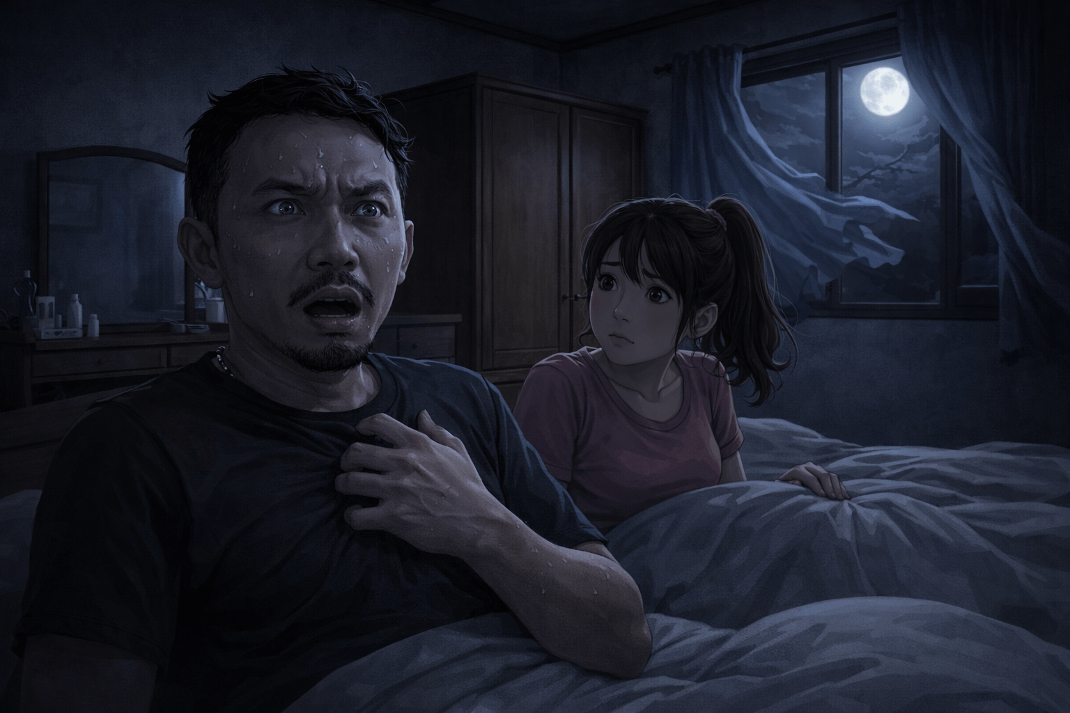 ผู้ชายสะดุ้งตื่นกลางดึกในห้องมืด กุมหน้าอกด้วยความตกใจ มีผู้หญิงตื่นขึ้นมาข้าง ๆ ใต้แสงจันทร์จากหน้าต่าง