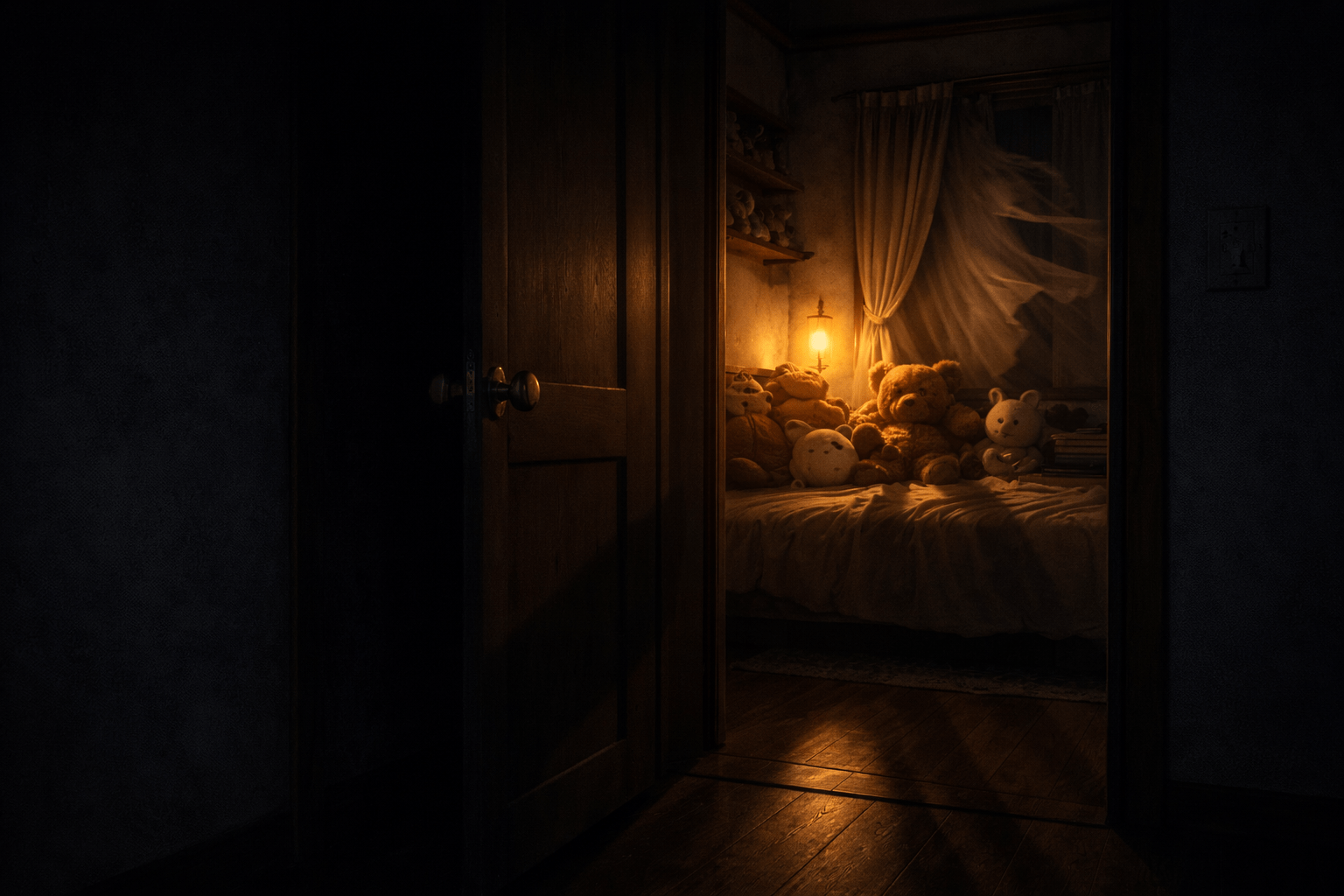 Dimly lit bedroom seen through a slightly open door, warm yellow light revealing a bed with a few plush toys and a curtain moving gently, creating an eerie atmosphere.