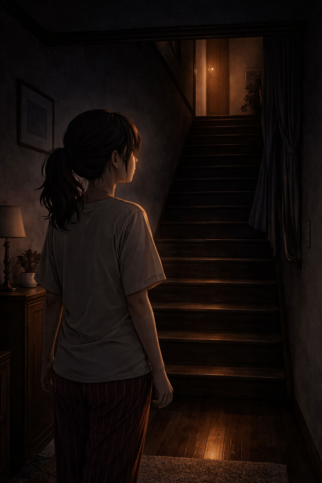 ผู้หญิงยืนมองบันไดมืดในบ้านยามค่ำคืน มีแสงไฟสลัวจากชั้นบน บรรยากาศเงียบวังเวงแนวหลอนเชิงจิตวิทยา
