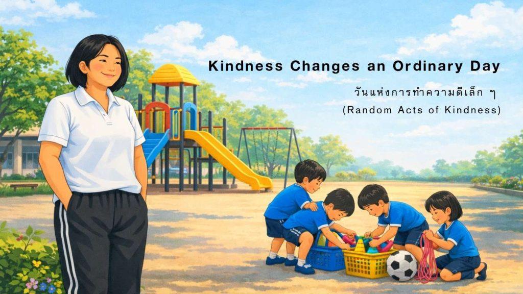 Kindergarten teacher smiling while children tidy sports equipment on a playground, wholesome cartoon illustration about kindness