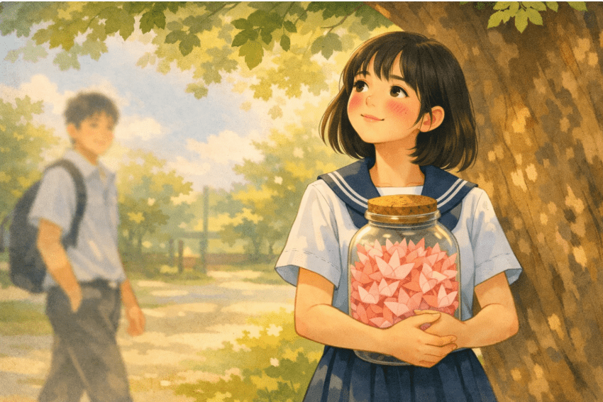 A schoolgirl in a sailor-style uniform holding a glass jar filled with pink paper hearts, standing under a tree at school, with a boy in the background, creating a soft and romantic Valentine’s Day mood.