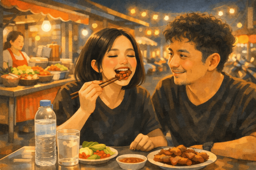 A couple enjoying street food together at a night market, with warm lighting and food stalls in the background, sharing a cozy and intimate moment.