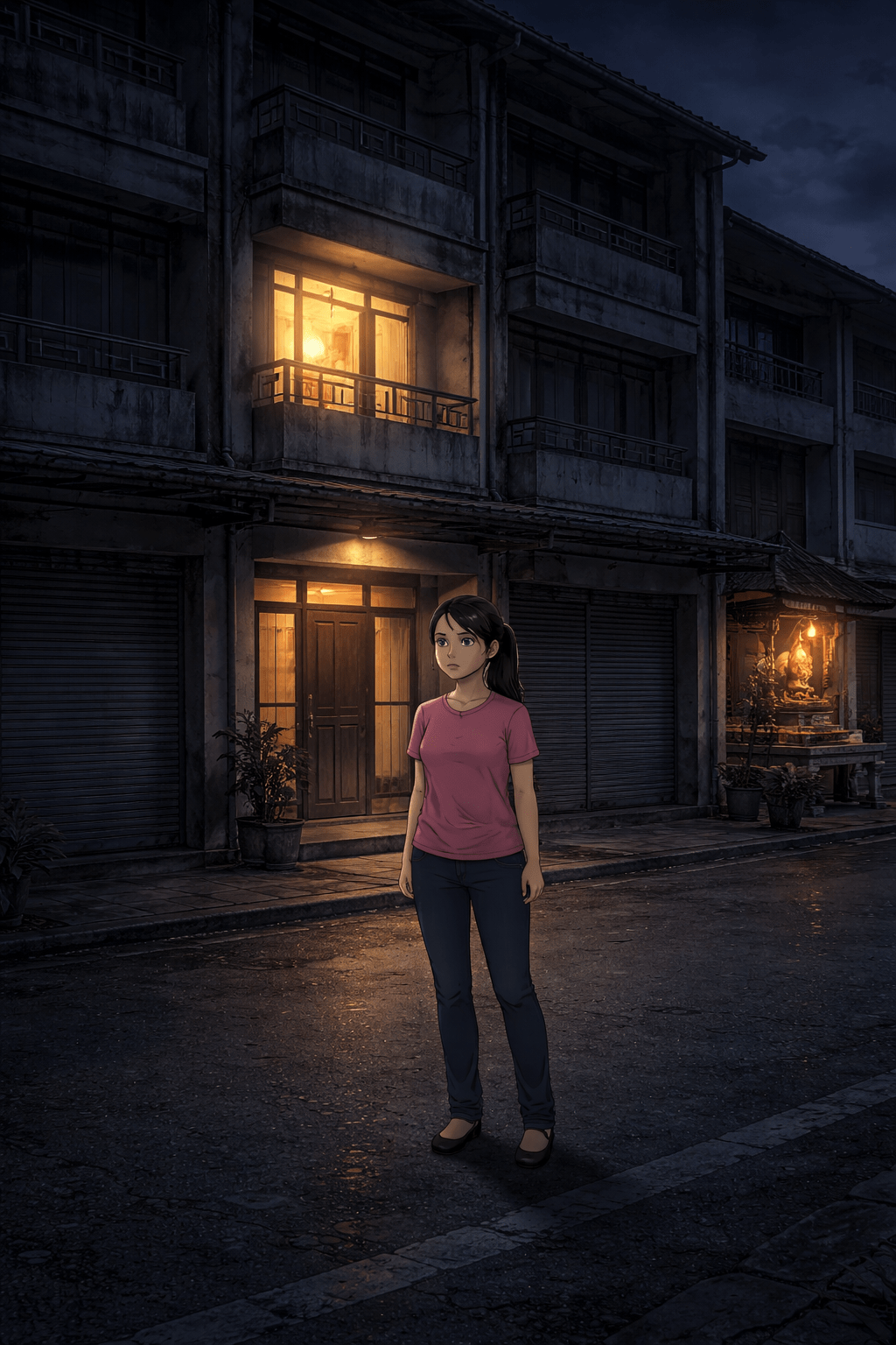 หญิงสาวผมมัด สวมเสื้อสีชมพู ยืนอยู่หน้าตึกแถว 3 ชั้นตอนกลางคืน อาคารรอบข้างปิดไฟมืด มีเพียงบ้านเธอที่เปิดไฟสลัว บรรยากาศเงียบ วังเวง ถนนเปียกสะท้อนแสง, ครูเล่าผี มีอยู่ว่า 3, Thai Ghost Stories 3