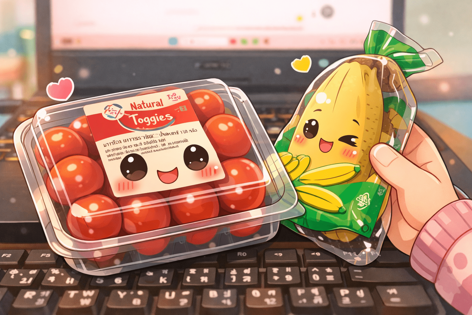 Chibi illustration of cherry tomatoes and a banana snack on a desk keyboard — Still Overweight But Trying