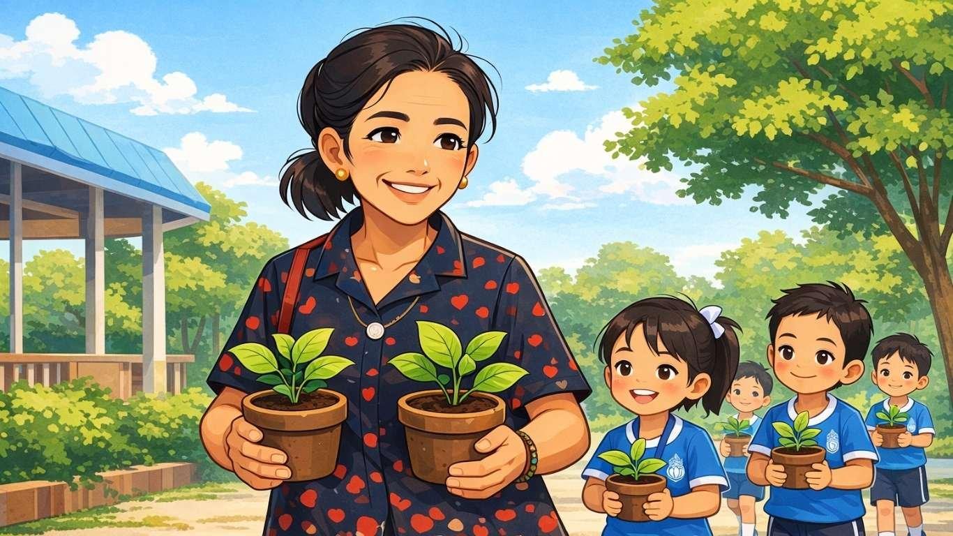 แม่บ้านโรงเรียนถือกระถางต้นไม้สองใบ โดยมีเด็กนักเรียนชุดพละช่วยถือเดินตาม สื่อถึงความใจดีและการช่วยเหลือกันในโรงเรียน, Kindness Changes an Ordinary Day