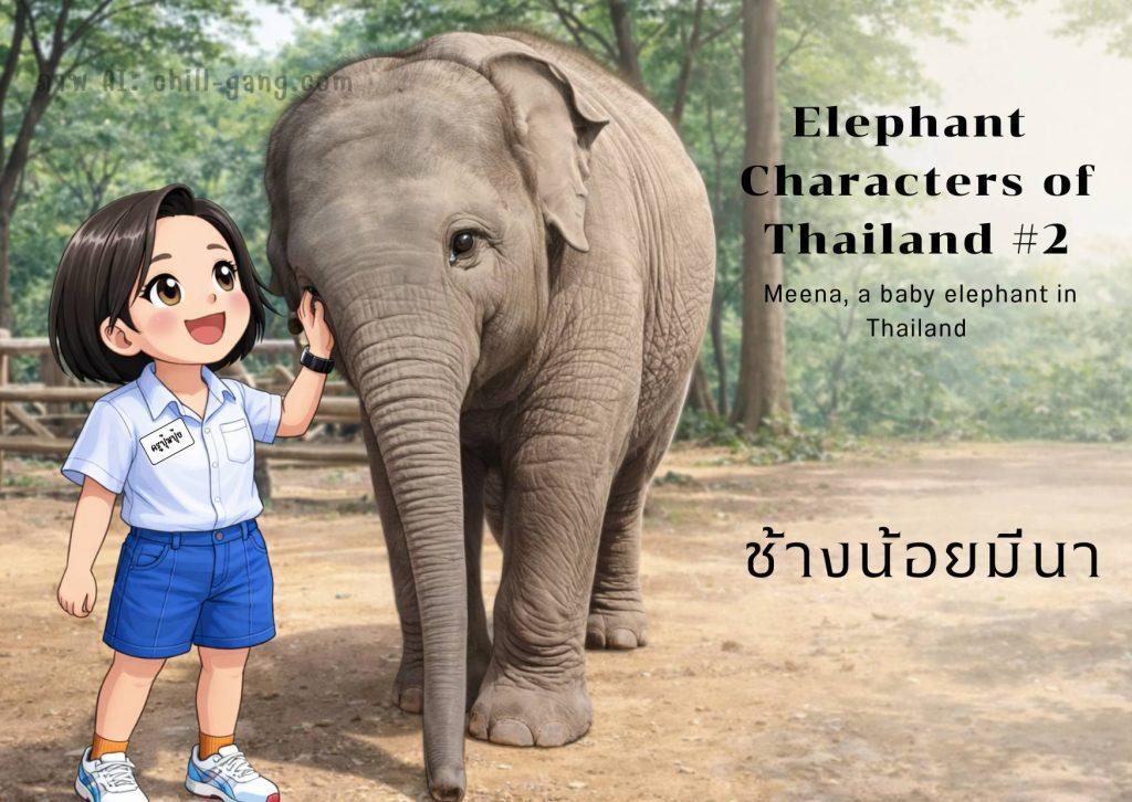 Meena, a baby elephant in Thailand, stands beside a smiling cartoon teacher character in a natural forest setting, representing Elephant Characters of Thailand.