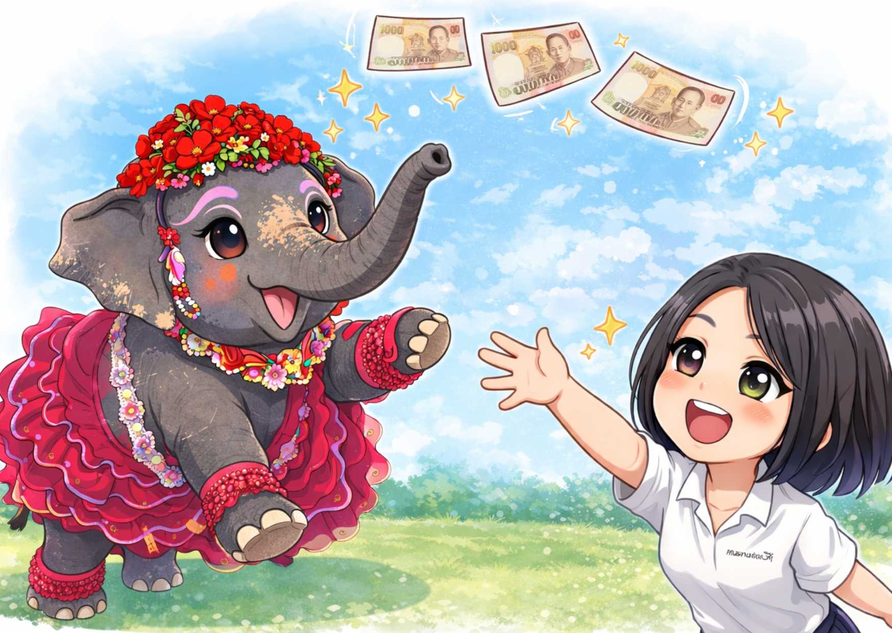 ภาพวาดสไตล์ชิบิของ คุณยายบัวลอย ช้างแต่งชุดกระโปรงสีชมพูแดง กำลังโยนธนบัตรขึ้นฟ้า เงินลอยอยู่เหนือศีรษะท่ามกลางประกายดาว ขณะที่หญิงสาวยิ้มกว้างเอื้อมมือรับด้วยความดีใจ