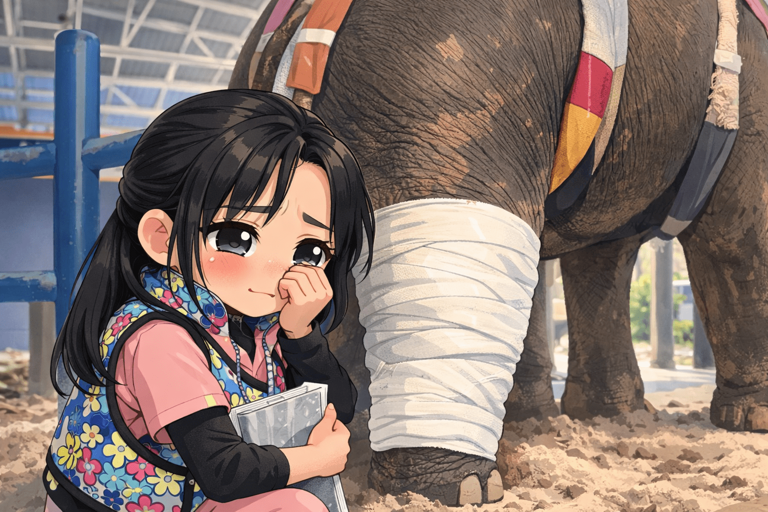 ภาพวาดสไตล์ชิบิของหญิงสาวเจ้าหน้าที่ดูแลช้าง นั่งข้างช้างที่ขาหลังพันผ้าพันแผล ภายในคอกช้าง ใบหน้าของเธอตาแดงฉ่ำ สีหน้าสะอื้นเงียบ ๆ สื่อถึงความห่วงใยและความเศร้าขณะดูแลช้างที่บาดเจ็บ - พี่เดียว,หมอโบว์