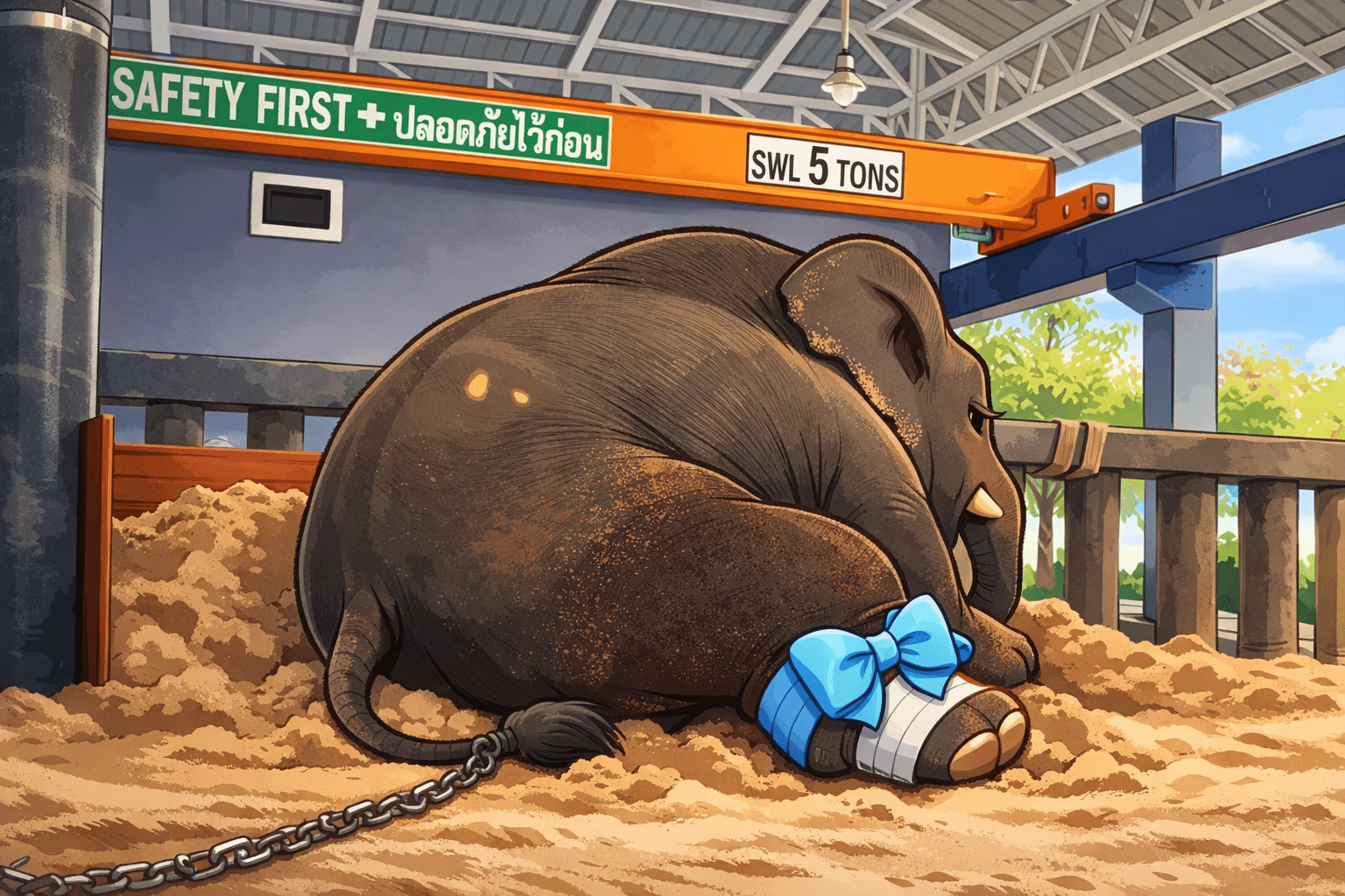 ช้างนั่งอยู่ในคอกทราย มีโซ่ล่ามที่ขาและพันผ้าพันแผล สะท้อนปัญหาสวัสดิภาพและการอนุรักษ์ช้างไทย - พี่เดียว