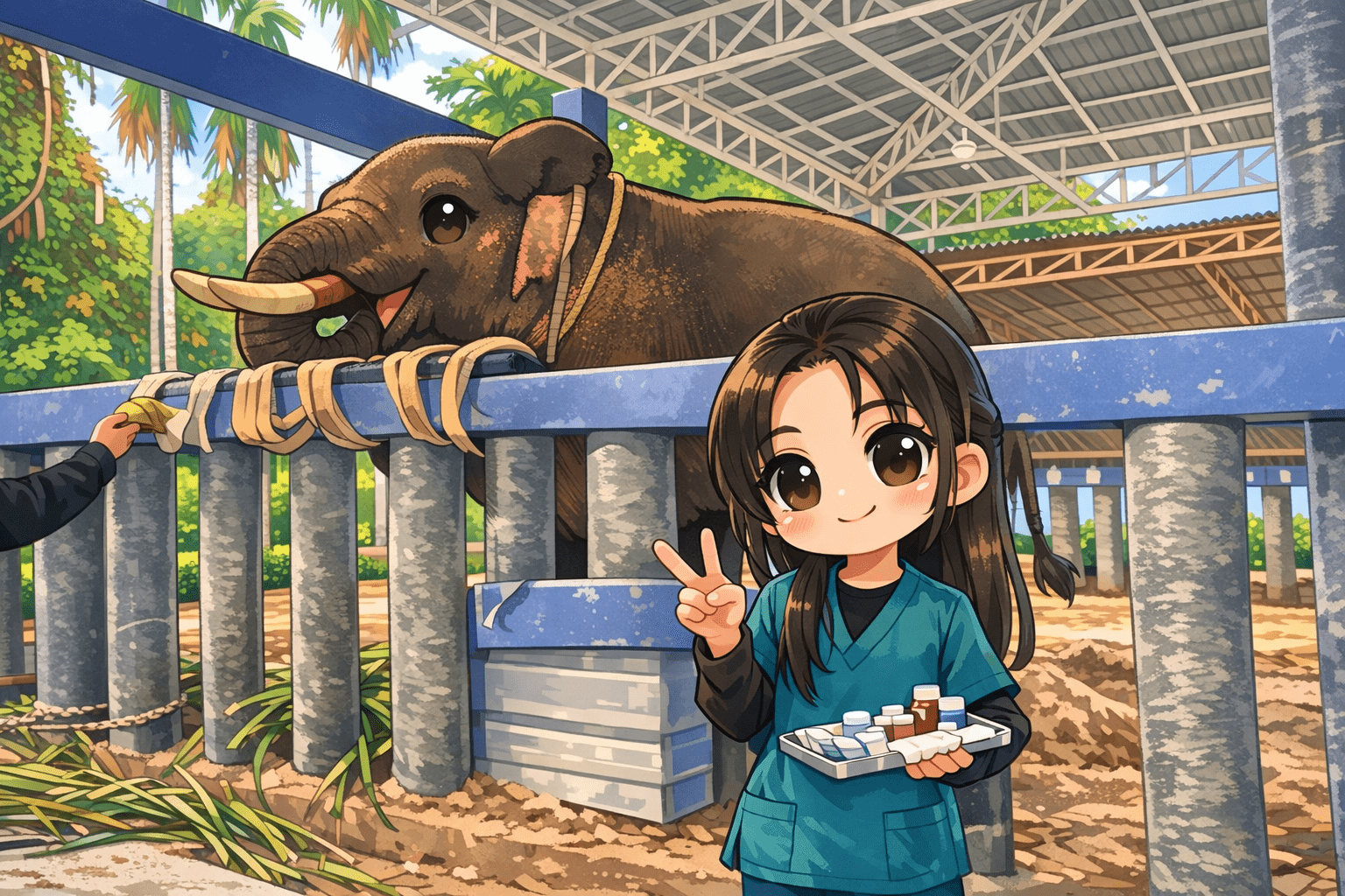 จ้าหน้าที่ดูแลช้างถือถาดยาอยู่หน้าคอก ขณะช้างยื่นงวงออกมา สื่อถึงการดูแลรักษาและความสำคัญของสวัสดิภาพช้างไทย