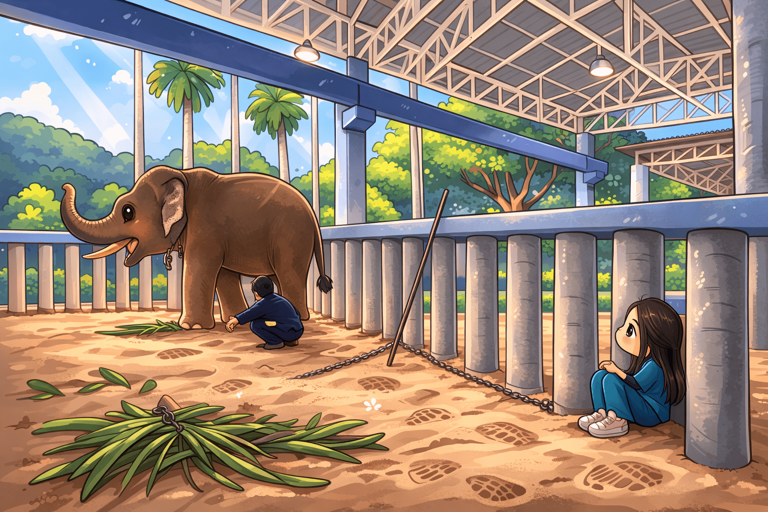 หมอโบว์นั่งอยู่เป็นเพื่อนพี่งาเดียวในคอกรักษา ขณะควาญช้างคอยดูแลใกล้ ๆ สะท้อนความใส่ใจและการฟื้นฟูช้างไทย - พี่เดียว ช้างขาหัก